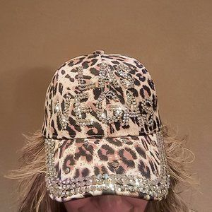 NWT Las Vegas Adjustable Cap with SPARKLY Rhinestones on Cheetah Cotton